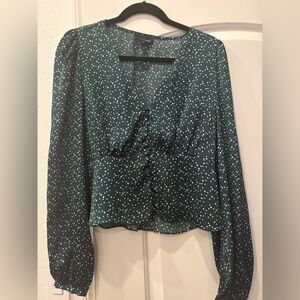 Lucy Paris pintuck green polka dot button down top size M